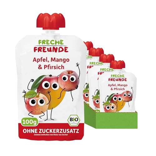 FRECHE FREUNDE Bio Quetschie Apfel, Mango & Pfirsich, Fruchtmus im Quetschbeutel für Babys ab 1 Jahr, glutenfrei und vegan, 6er Pack (6 x 100g) von FRECHE FREUNDE