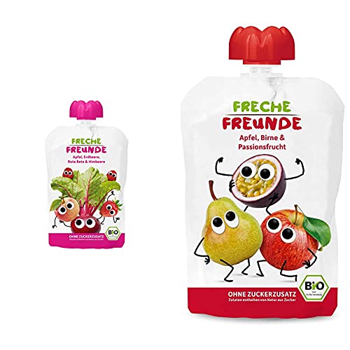 FRECHE FREUNDE Bio Quetschie Apfel, Rote Bete, Erdbeere & Himbeere, 6er Pack (6 x 100 g) & Bio Quetschie Apfel, Birne und Passionsfrucht, 6er Pack (6 x100 g) von FRECHE FREUNDE