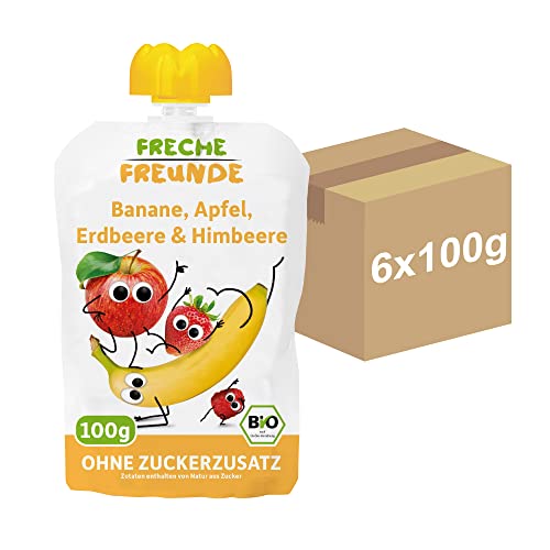 FRECHE FREUNDE Bio Quetschie Banane, Apfel, Erdbeere & Himbeere, Fruchtmus mit Obst im Quetschbeutel für Babys ab dem 6. Monat, vegan, 6er Pack (6 x 100g) von FRECHE FREUNDE