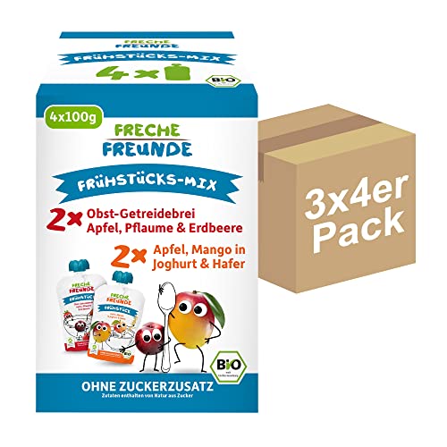 FRECHE FREUNDE Bio Quetschies mit Getreide Frühstücks-Mix, Quetschbeutel für Babys ab 10 Monaten, vegan, 3er Pack, 3 x (4 x 100g) von FRECHE FREUNDE