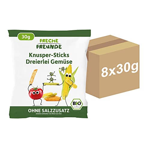 Freche Freunde Bio Knusper Sticks-Dreierlei Gemüse, Knabberzeug für Kinder & Babys ab 12 Monaten, ohne Salzzusatz, 8er Pack (8x 30 g) von FRECHE FREUNDE