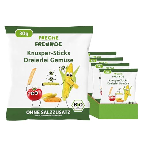 Freche Freunde Bio Knusper Sticks-Dreierlei Gemüse, Knabberzeug für Kinder & Babys ab 12 Monaten, ohne Salzzusatz, 8er Pack (8x 30 g) von FRECHE FREUNDE