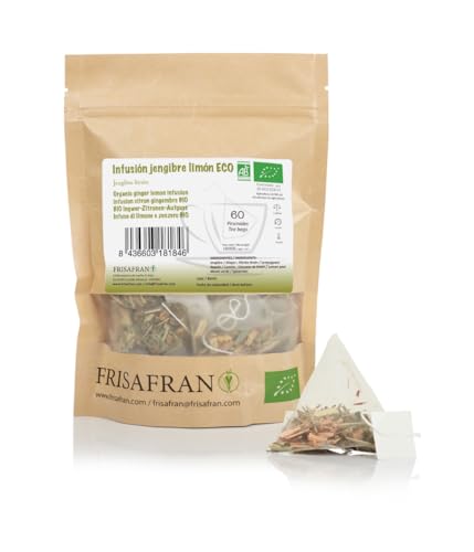 FRISAFRAN | Bio Ingwer Zitronen Aufguss in Pyramiden 60Ein | 120g | Entzündungshemmend | Antioxidans | Zitronen Ingwer Tee | Ingwertee | Antioxidans | Vitaminhaltig | Verdauungsinfusion | Ingwersaft von FRISAFRAN