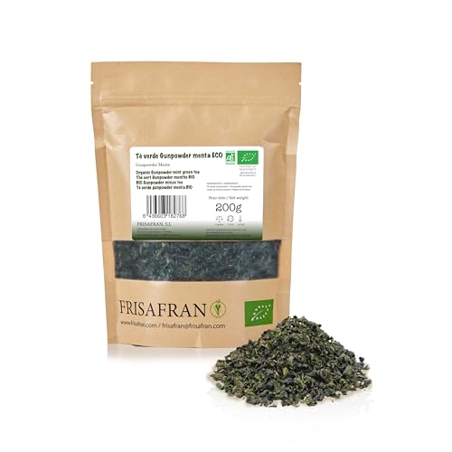 FRISAFRAN | Gunpowder Grüner Tee Bio Minze 200g | Antioxidans | Verdauungs | Erfrischendes Getränk | Minzaufguss | Reiner Tee | Minzblätter | Heiß-Kalt von FRISAFRAN