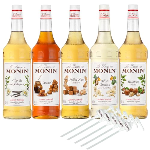 MONIN-SET Café 5+5 | 5 Liter Kaffee Sirup + 5 x Pumpen - Karamell, Vanille, Praline-Nuss, Haselnuss, Weisse Schokolade (5 x 1,0l) von FROG.coffee