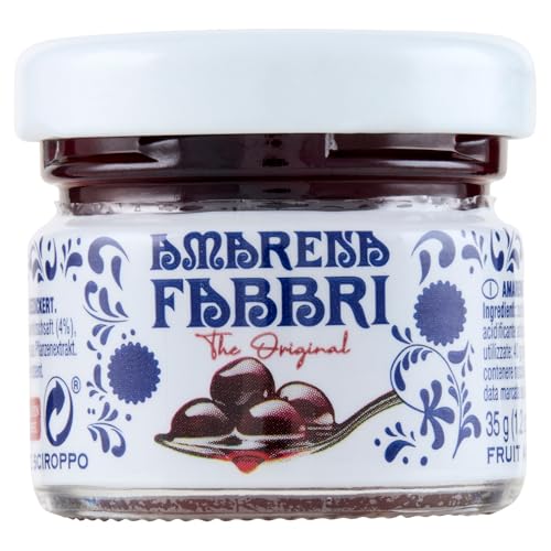 FABBRI 1905 - Amarena-Kirschen in Sirup | Entsteinte Kirschen aus Italien in Sirup eingelegt | Ideales Topping für Eis, Joghurt, Dessert und Cocktails. Inhalt: 35g von Fabbri 1905