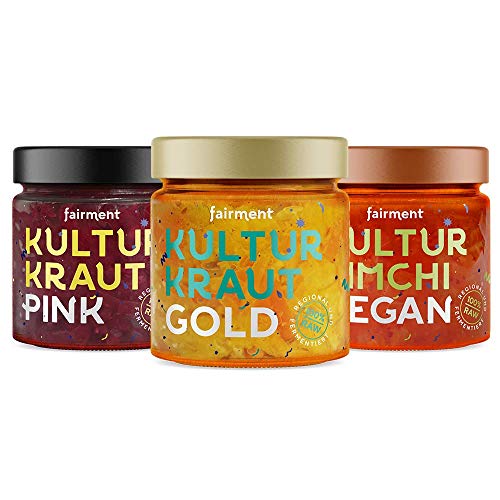 Fairment Bio Kultur-Kraut Probiermix (3 x 330g), Kultur Kimchi vegan, Kultur Kraut Gold, Kultur Kraut Pink von Fairment