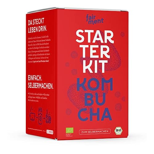 fairment Starterkit Kombucha - Das lebendige Kombucha Getränk einfach selbermachen - Starter Set mit Bio Kombucha Pilz (SCOBY), Glas, Zutaten, Zubehör und Rezepten - Kombucha Tee selbst machen von Fairment