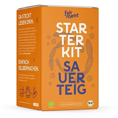 Sauerteig Starter Kit von fairment - Sauerteigbrot selber backen, inkl. Roggensauerteig Anstellgut (vegan, bio), Gärkörbchen, Teigschaber, Gärglas mit 473ml Fassungsvermögen, Rezepte von Fairment