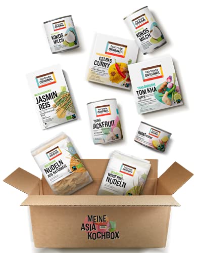 Fairtrade Original Asia Kochbox | Thai Classics | Kochbox asiatisch mit Zutaten und Kochanleitung für 3 Gerichte | vegane Zutaten | gelbes Curry, Tom Kha Suppe, Jackfruit Curry Geschenkset von fairtrade ORIGINAL