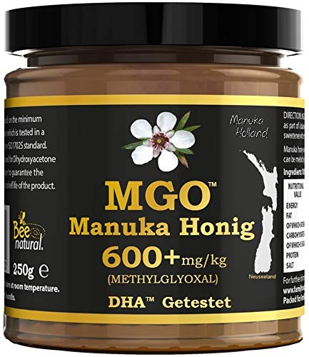 BEE NATURAL MGO 600+ PREMIUM MONOFLORAL NEUSEELAND MANUKA HONIG IN EINEM UMWELTFREUNDLICHEN ECHTGLASGEFÄß AUS NICHT GEFÄRBTEM GLAS * 250G MANUKAHONIG # MGO 514 550 = UMF 15, 600 625 = UMF 16 von Family Foods