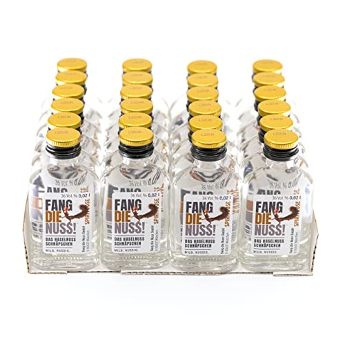 Fang die Nuss! | 24er Mini Haselnuss Schnaps 0,02 | Mild. Nussig. | 36% Vol. Alkohol | Geprüft von Eichhörnchen aus der Region | Party Geschenk | 24x 2cl Klopfer Shots von Fang die Nuss