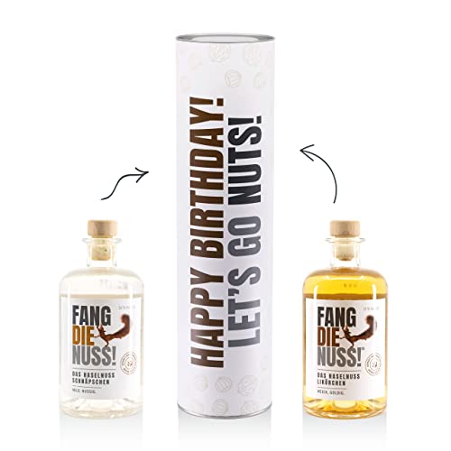 Fang die Nuss! | Geschenkset Lustige Box | Haselnusslikör 18% + Haselnuss Schnaps 36% | 2x 500ml | "Happy Birthday! Let´s go nuts!" von Fang die Nuss