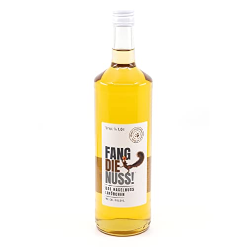 Fang die Nuss! | Haselnusslikör 1,0l | Weich. Goldig. | 18% Alkohol Vol. | Geprüft von Eichhörnchen aus der Region | 1 Liter Gastro-Flasche von Fang die Nuss