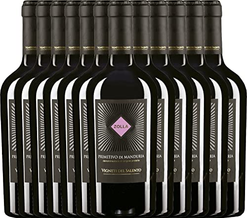 VINELLO 12er Weinpaket - Zolla Primitivo di Manduria DOP 2020 - Vigneti del Salento mit einem VINELLO.weinausgießer | 12 x 0,75 Liter von Farnese Vini