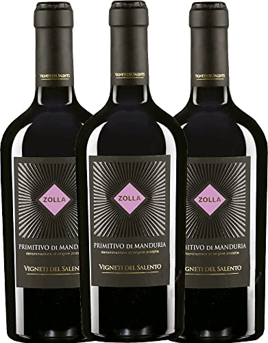 VINELLO 3er Weinpaket - Zolla Primitivo di Manduria DOP 2020 - Vigneti del Salento mit einem VINELLO.weinausgießer | 3 x 0,75 Liter von Farnese Vini