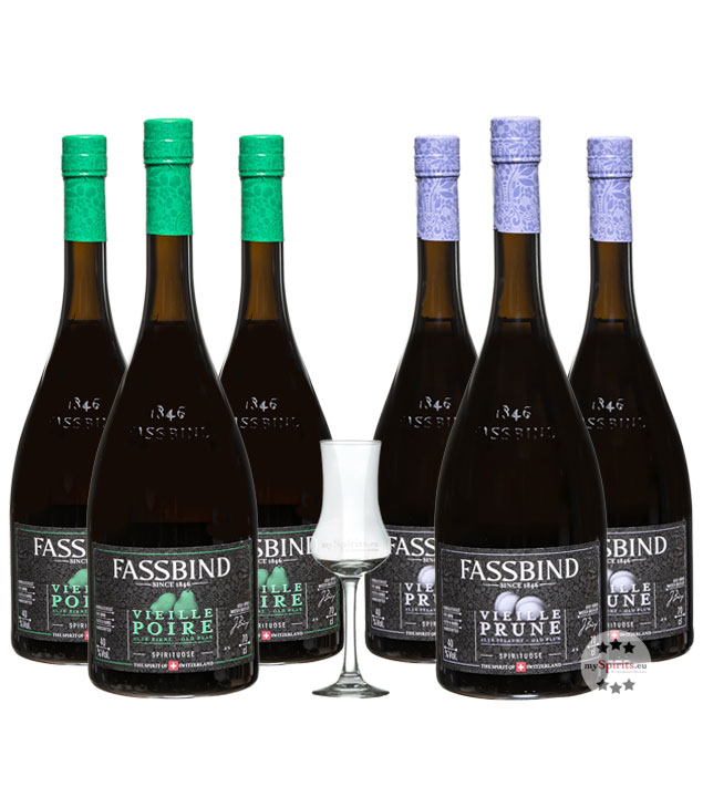Fassbind 3 x Vielle Porie & 3 x Vieille Prune + Glas (40% Vol., 0,7 Liter) von Fassbind