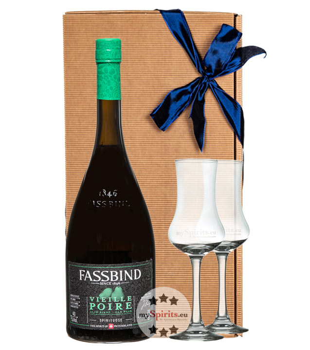 Fassbind Geschenk-Set Vieille Poire mit 2 Kelchgläsern (40 % vol., 0,7 Liter) von Fassbind