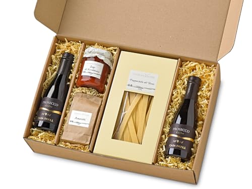 Fattoria Geschenk Set Bellissimo mit italienischen Spezialitäten | Präsentkorb gefüllt mit Tomatensauce, Pappardelle und feinstem Prosecco | Feinkost Geschenkidee von Fattoria San Vincenzo