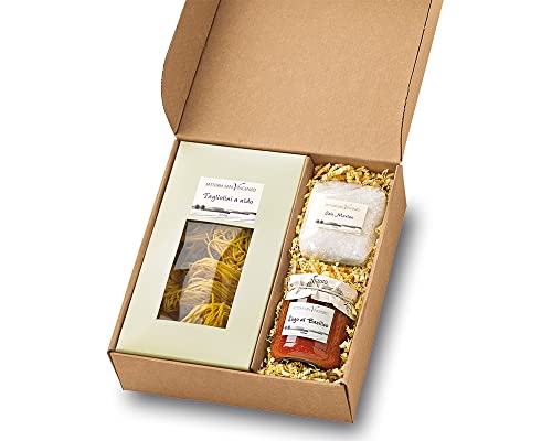 Geschenkkorb Mille Grazie Geschenk-Set mit Tajarin Pasta Basilico Tomaten-Sauce Meersalz italienische Spezialitäten von Fattoria San Vincenzo
