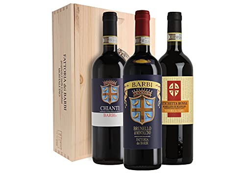 Cassetta da 3 bottiglie: Brunello di Montalcino, Chianti, Morellino di Scansano Etichetta Rossa Fattoria dei Barbi 3 bottiglie da 0,75 ℓ, Cassetta di legno von Fattoria dei Barbi