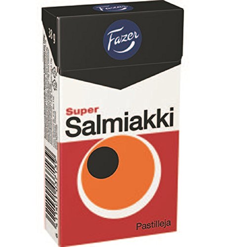 Fazer Super Salmiakki - Original Finnisch Starker Salmiak Salzlakritz Lakritz Salmiakpastillen Box 38g x 4 stck von Fazer