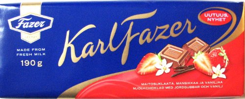 Karl Fazer Schokolade mit Erdbeerstücken und Vanille, 190g -Sonderpreis MHD 08.03.2013 von Fazer