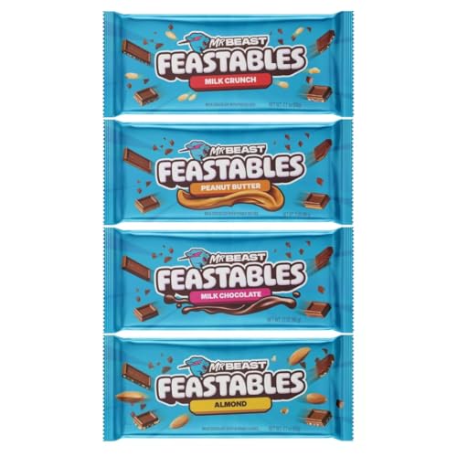 Feastables Beast Bar Milchschokoladen-Probepackung – Milchschokolade, Erdnussbutter, Milk Crunch und Mandelbeast Riegel [4er-Pack] 60 g Riegel von Feastables