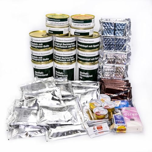Notfallpaket 10T – Fleisch | 10-Tage Langzeit-Notration mit Fertiggerichten, Brot, Käse, Wurst, Hartkeksen & Trinkwasser | Komplettpaket für Krisenvorsorge & Outdoor von Feddeck