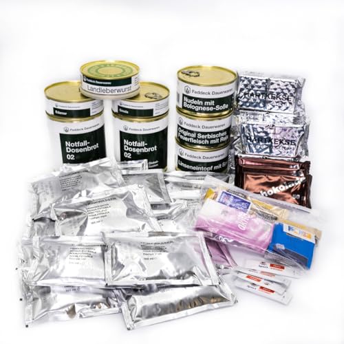 Notfallpaket 5T – Fleisch | 5-Tagesration mit Langzeithaltbarkeit | Komplett-Notvorrat mit Fertiggerichten, Brot, Hartkeksen, Schokolade & Wasser | Für Krisenvorsorge, Outdoor & Camping von Feddeck