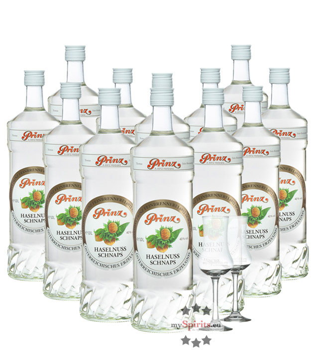 12 x Prinz Haselnuss-Schnaps + 2 gratis Schnapskelche (40 % Vol., 12,0 Liter) von Fein-Brennerei Prinz