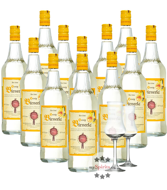 12 x Prinz Honig Birnerla + 2 gratis Schnapskelche (34 % Vol., 12,0 Liter) von Fein-Brennerei Prinz