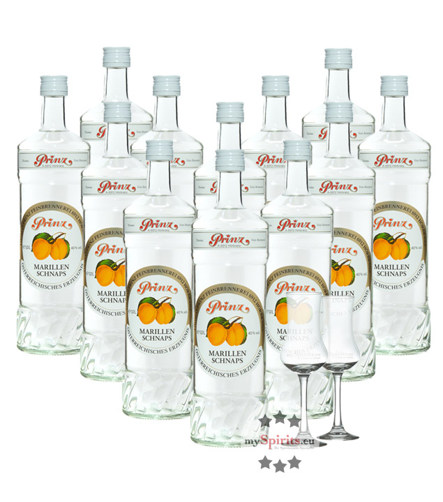 12 x Prinz Marillen-Schnaps + 2 gratis Schnapskelche (40 % Vol., 12,0 Liter) von Fein-Brennerei Prinz