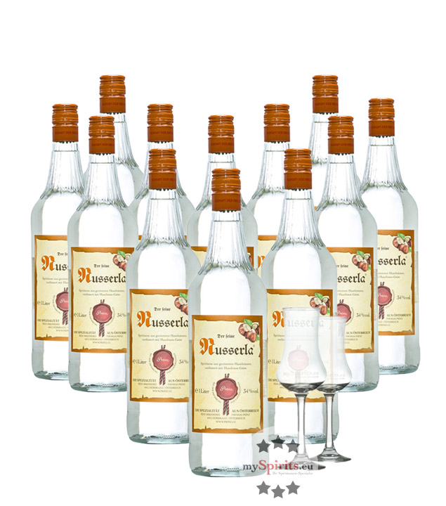 12 x Prinz Nusserla + 2 gratis Schnapskelche (34 % Vol., 12,0 Liter) von Fein-Brennerei Prinz