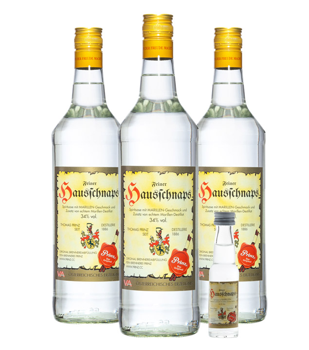 3 x Prinz Hausschnaps + gratis Miniatur (34 % Vol., 3,0 Liter) von Fein-Brennerei Prinz