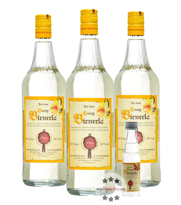 3 x Prinz Honig Birnerla + gratis Miniatur (34 % Vol., 3,0 Liter) von Fein-Brennerei Prinz