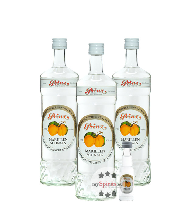 3 x Prinz Marillen-Schnaps + gratis Miniatur (40 % vol., 3,0 Liter) von Fein-Brennerei Prinz