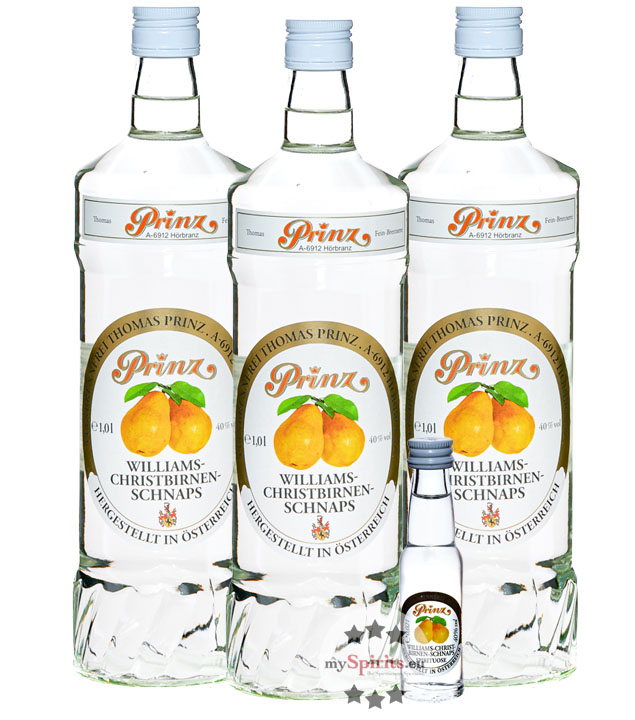 3 x Prinz Williams-Birnen Schnaps + gratis Miniatur (40 % Vol., 3,0 Liter) von Fein-Brennerei Prinz