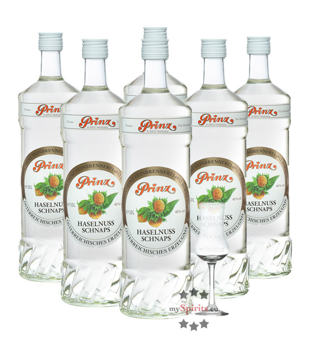 6 x Prinz Haselnuss-Schnaps + gratis Schnapskelch (40 % vol., 6,0 Liter) von Fein-Brennerei Prinz