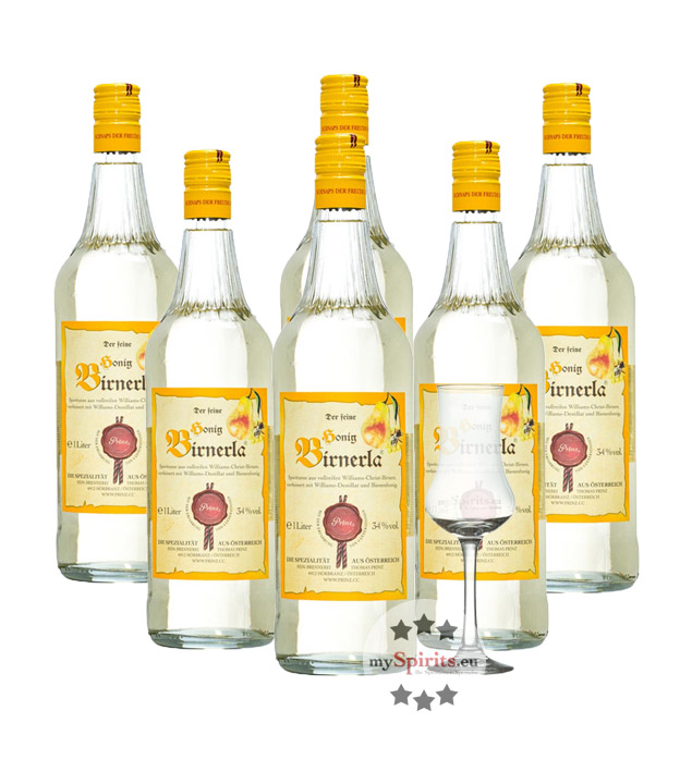 6 x Prinz Honig Birnerla + gratis Schnapskelch (34 % Vol., 6,0 Liter) von Fein-Brennerei Prinz