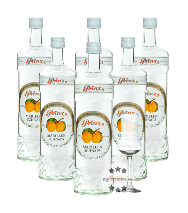 6 x Prinz Marillen-Schnaps + gratis Schnapskelch (40 % Vol., 6,0 Liter) von Fein-Brennerei Prinz