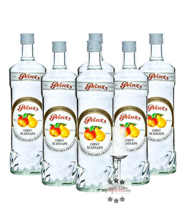 6 x Prinz Obstschnaps 40% + gratis Schnapskelch (40 % Vol., 6,0 Liter) von Fein-Brennerei Prinz