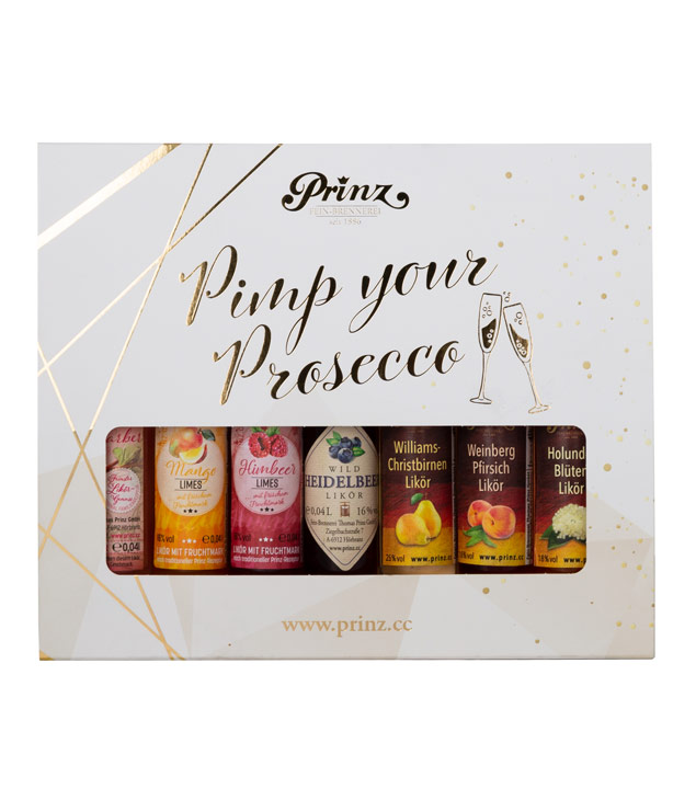 Prinz Geschenk-Set Pimp your Prosecco 7 x 4cl (16 - 25 % Vol., 0,28 Liter) von Fein-Brennerei Prinz