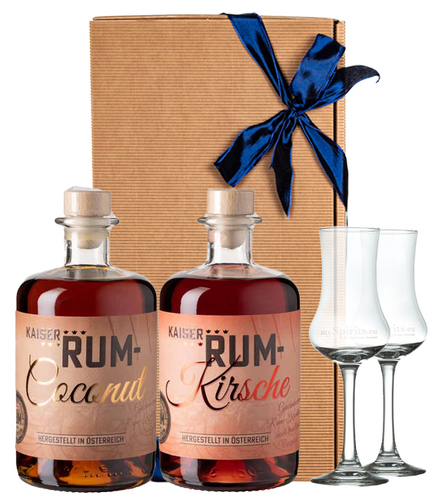 Prinz Geschenk-Set Rum Coconut Likör mit Inländerrum & Rum Kirsche Likör mit Inländerrum + 2 x Kelch-Glas (40 % vol., 1,0 Liter) von Fein-Brennerei Prinz