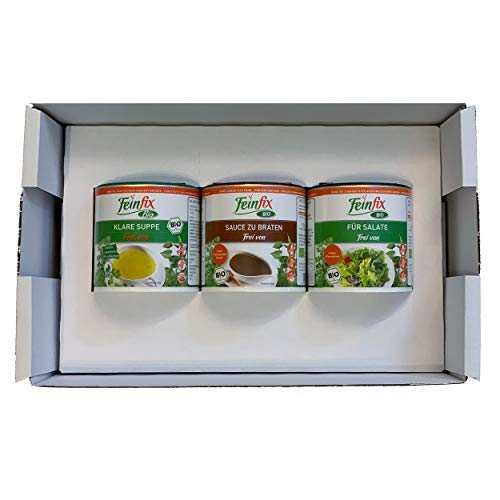 Feinfix Bio Kennenlernpaket: Bio Klare Suppe 340g - Bio Sauce zu Braten 270g (5l Soße) - Bio "Für Salate" Salatdressing Kräuter 320g von FeinFix