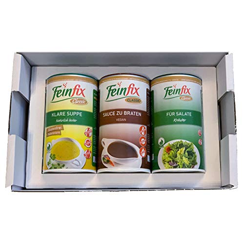 Feinfix Classic Kennenlernpaket groß: Klare Suppe 900g ( 45 Liter Suppe ) - Sauce zu Braten 752g (8l Soße) - Classic "Für Salate" Salatdressing Kräuter 800g von FeinFix
