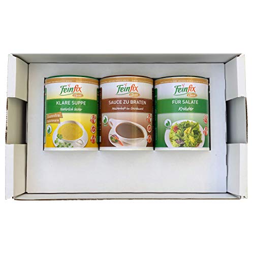 Feinfix Classic Kennenlernpaket: Klare Suppe 220g ( 11 Liter Suppe ) - Sauce zu Braten 207g (2,2l Soße) - Classic "Für Salate" Salatdressing Kräuter 300g von FeinFix