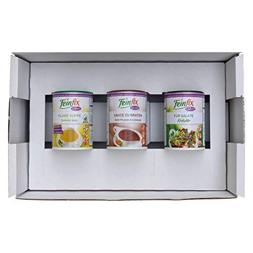 Feinfix Wellness Kennenlernpaket klein: Wellness Klare Suppe 220g ( 11 Liter Suppe ) - Wellness Sauce zu Braten 200g (2l Soße) - Wellness "Für Salate" Salatdressing Kräuter 186g von FeinFix