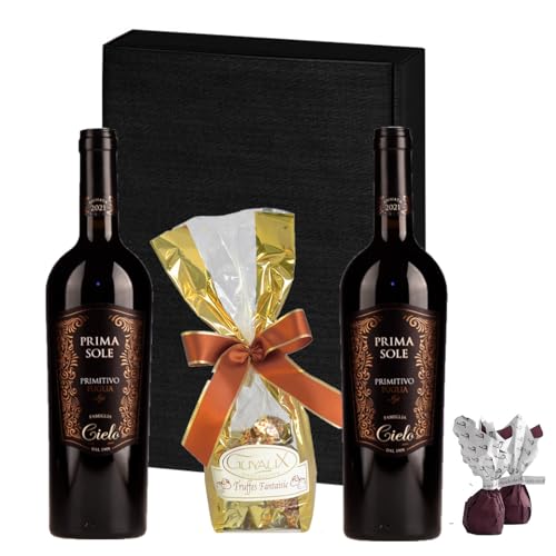 Geschenkset Rotwein Primitivo mit Schokoladentrüffeln und Feigen in Schokolade | Präsentkorb Wein und Schokolade für Männer und Frauen inkl. FeinWert E-Book von FeinWert