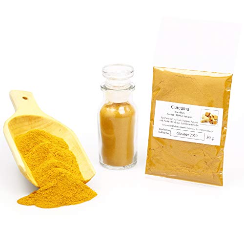 Curcuma gemahlen, Kurkuma, Kurkumawurzel Pulver, indisches Gewürz für Curry & Geflügel, Pulver mit Curcumin für goldene Milch und goldene Paste, Curcuma Latte, Gelbwurz, Haldi, Turmeric, 30g von Feine Würze